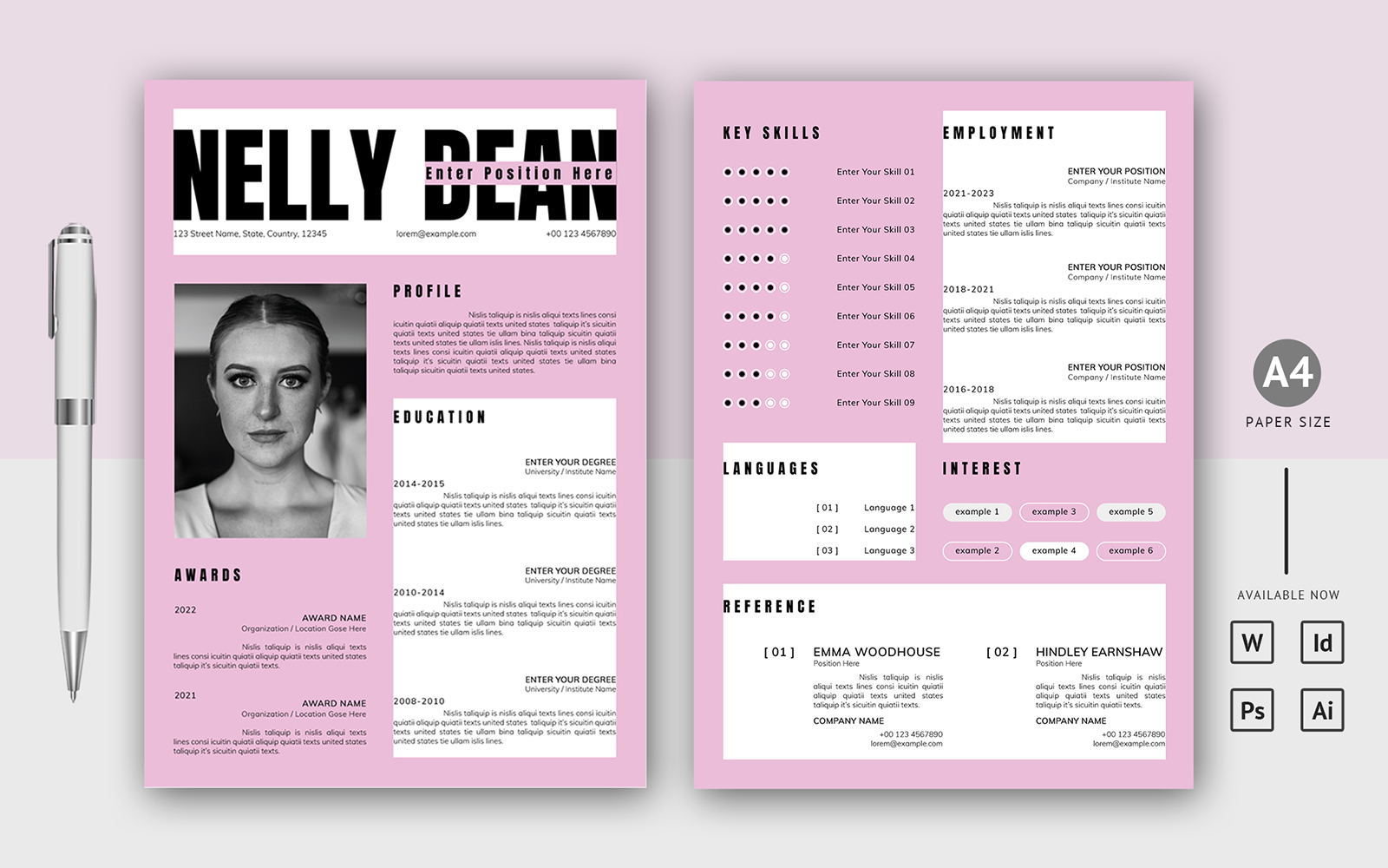 Fashionable Printable Resume / CV Template with Cover Letter for Job