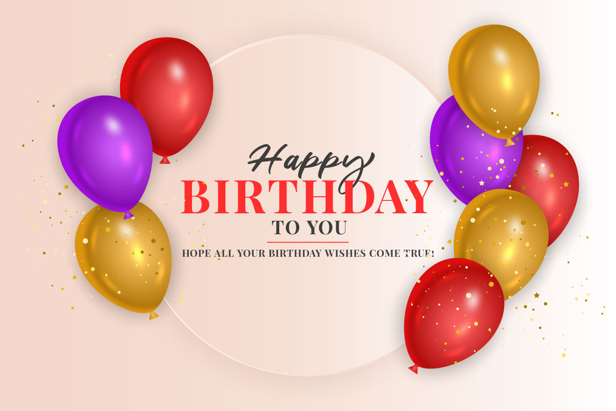 Birthday wish with realistic pink purple and red  balloons set  and pink background and text