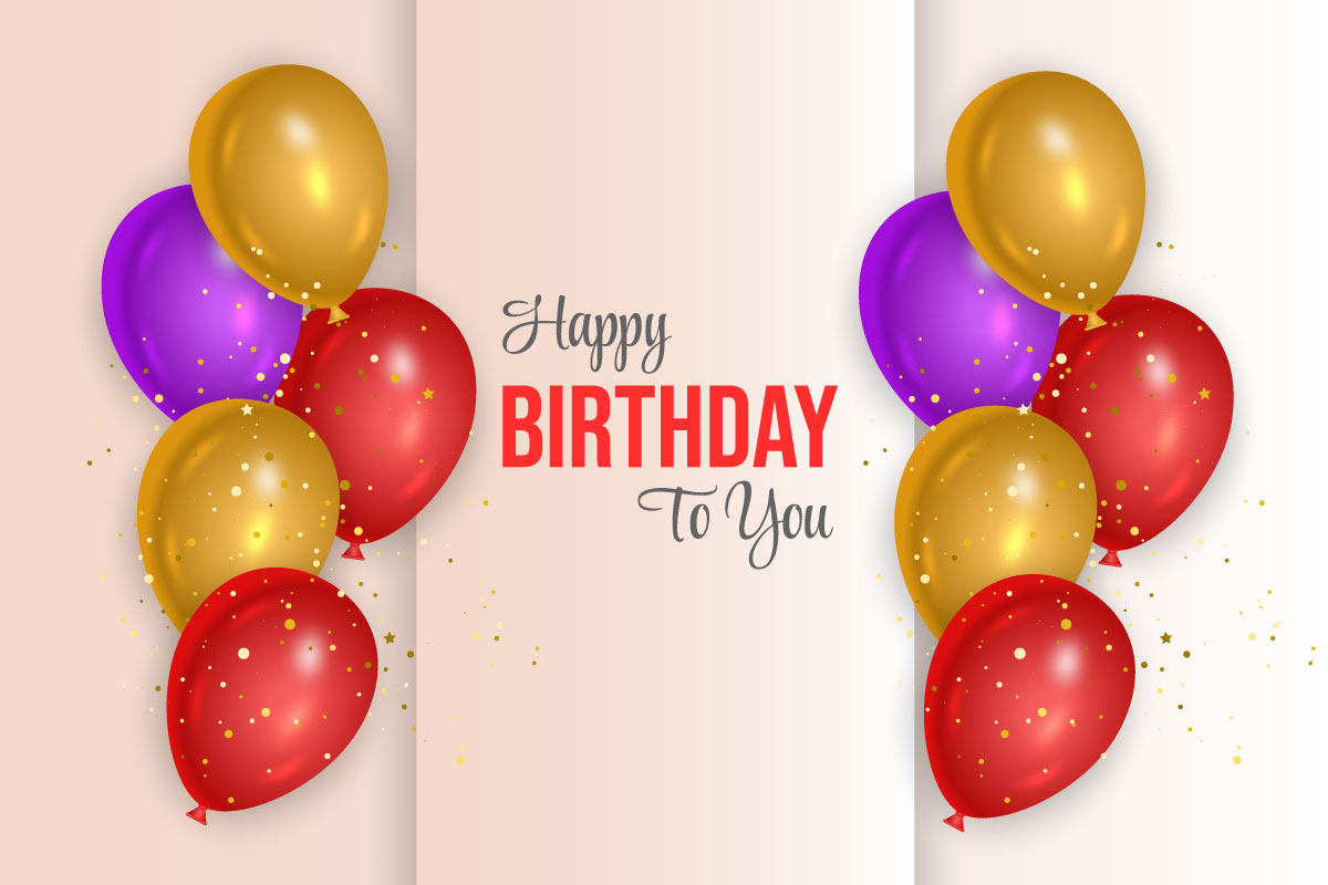 Birthday wish with realistic pink purple and red  balloon set  and pink background and text