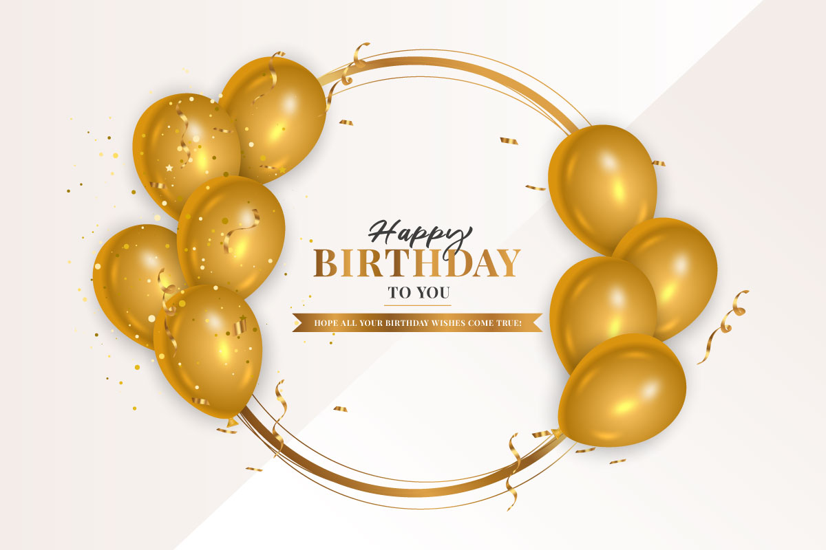 Birthday wish with realistic golden balloons set and  white background and text