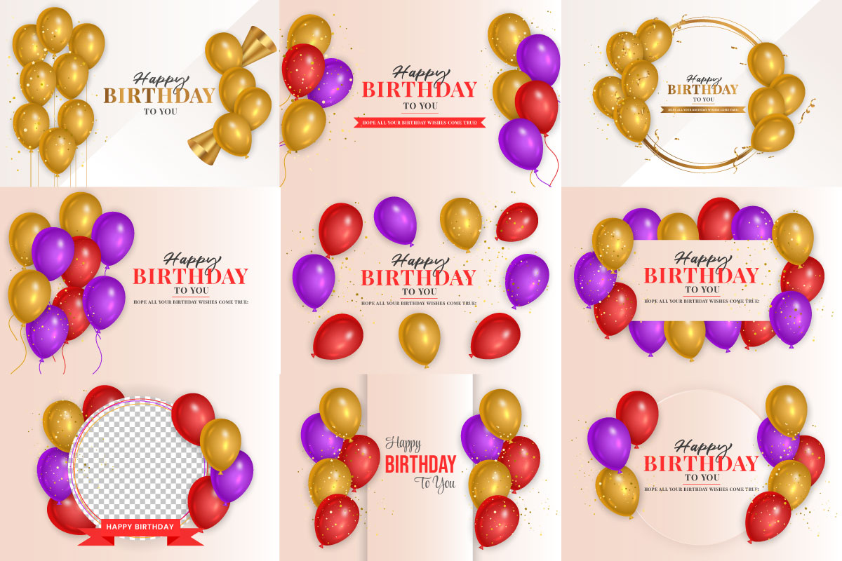 Birthday wish template set  with realistic pink purple and red  balloons