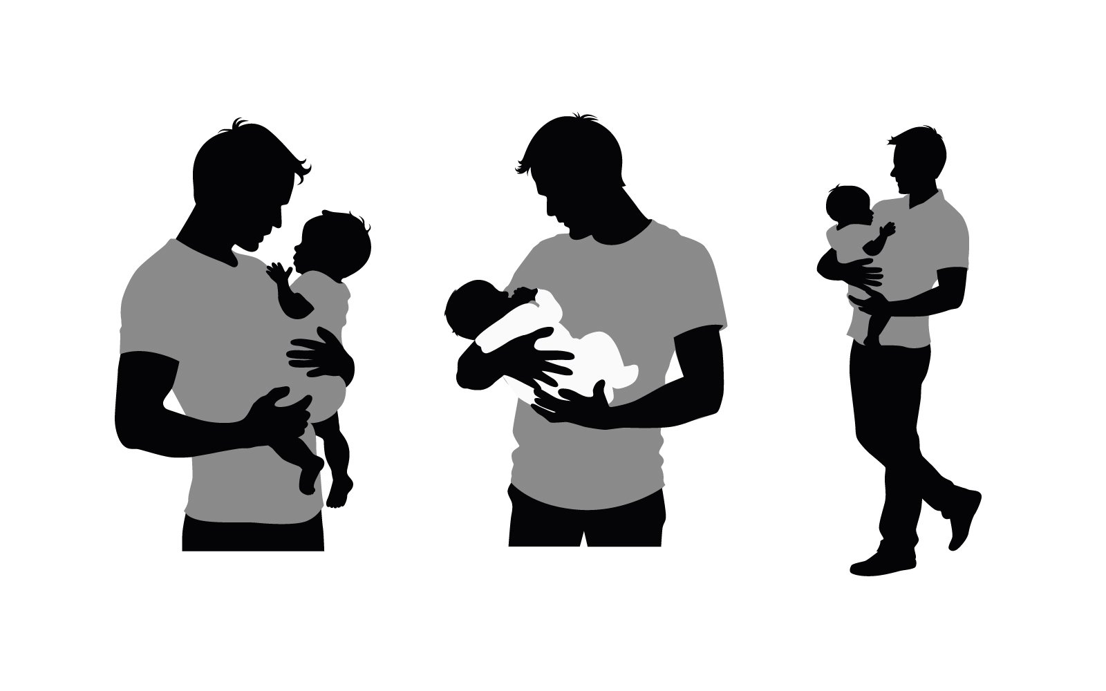 Silhouette of dad holding baby, father and baby silhouettes together