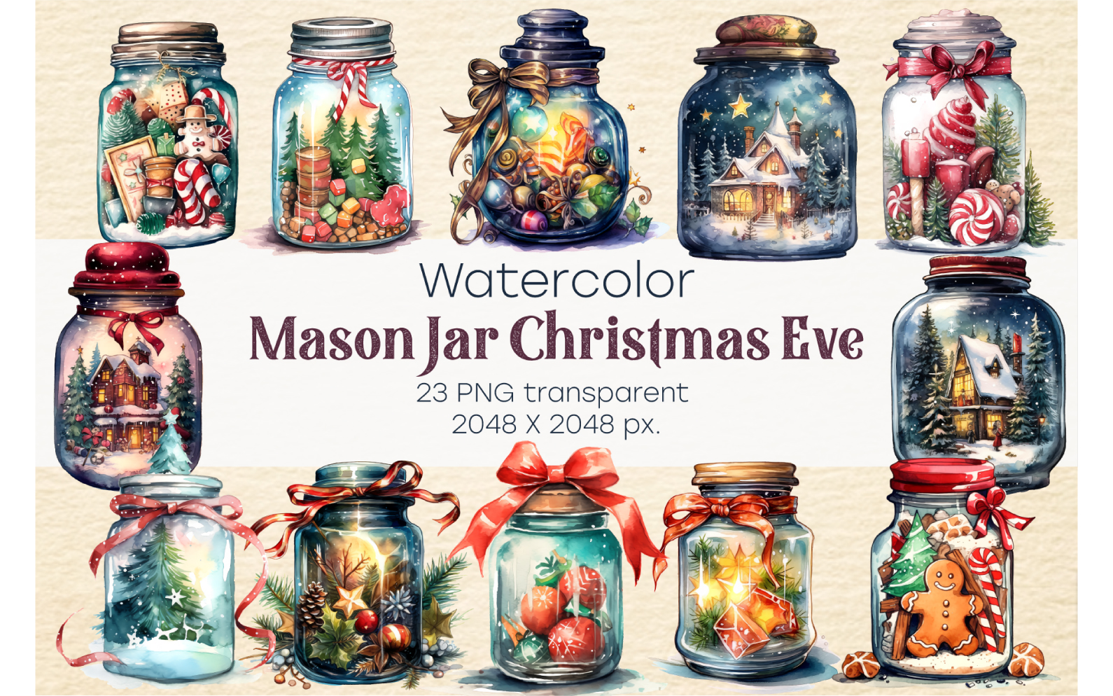 Watercolor Christmas Jars with Eve. PNG, Clipart.