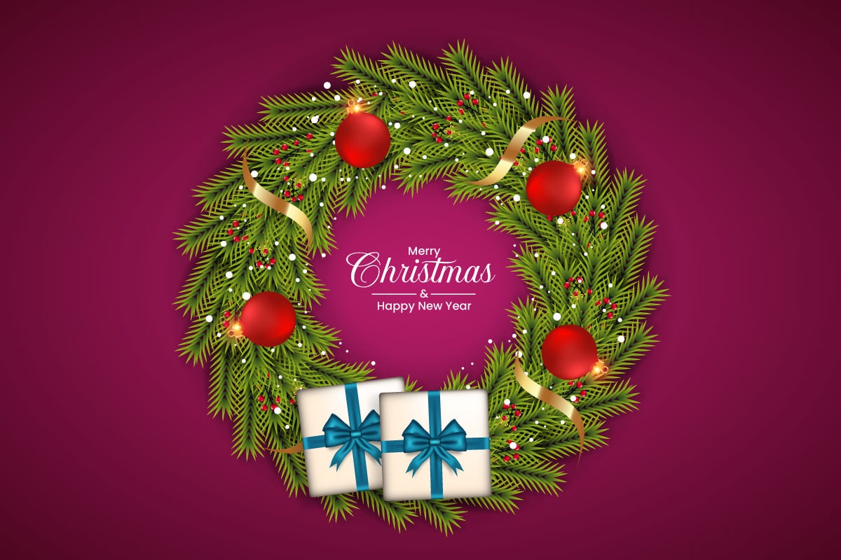 Christmas wreath decoration . wreath vector with pine leaves, christmas balls and a golden ribbon