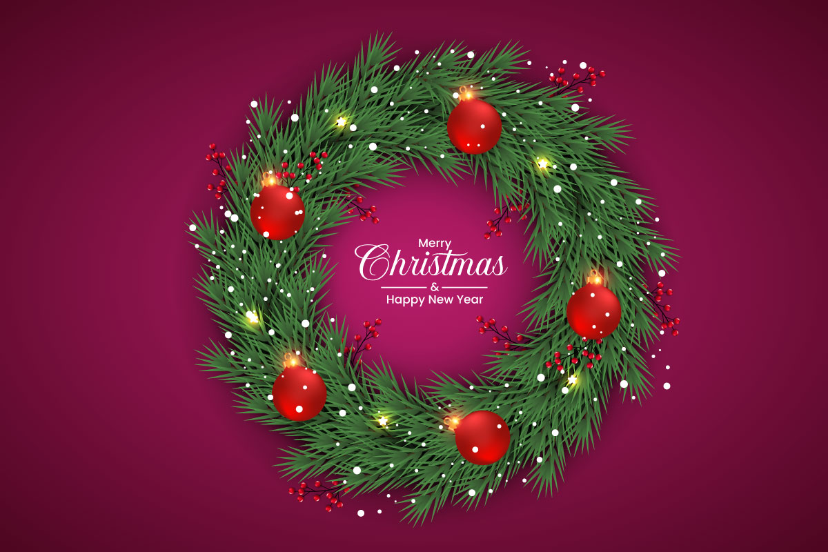 Christmas wreath decoration . wreath vector with pine leaves, christmas balls