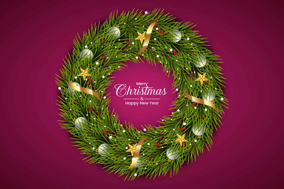 Christmas wreath decoration . wreath vector with pine leaves, christmas balls and a golden ribbons