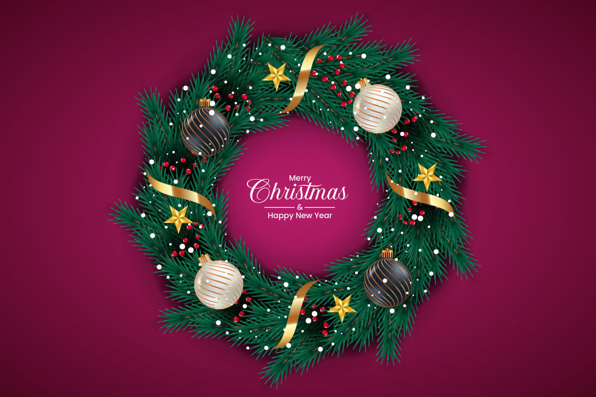 Christmas wreath decoration . wreath vector with pine leaves, balls and a golden ribbon