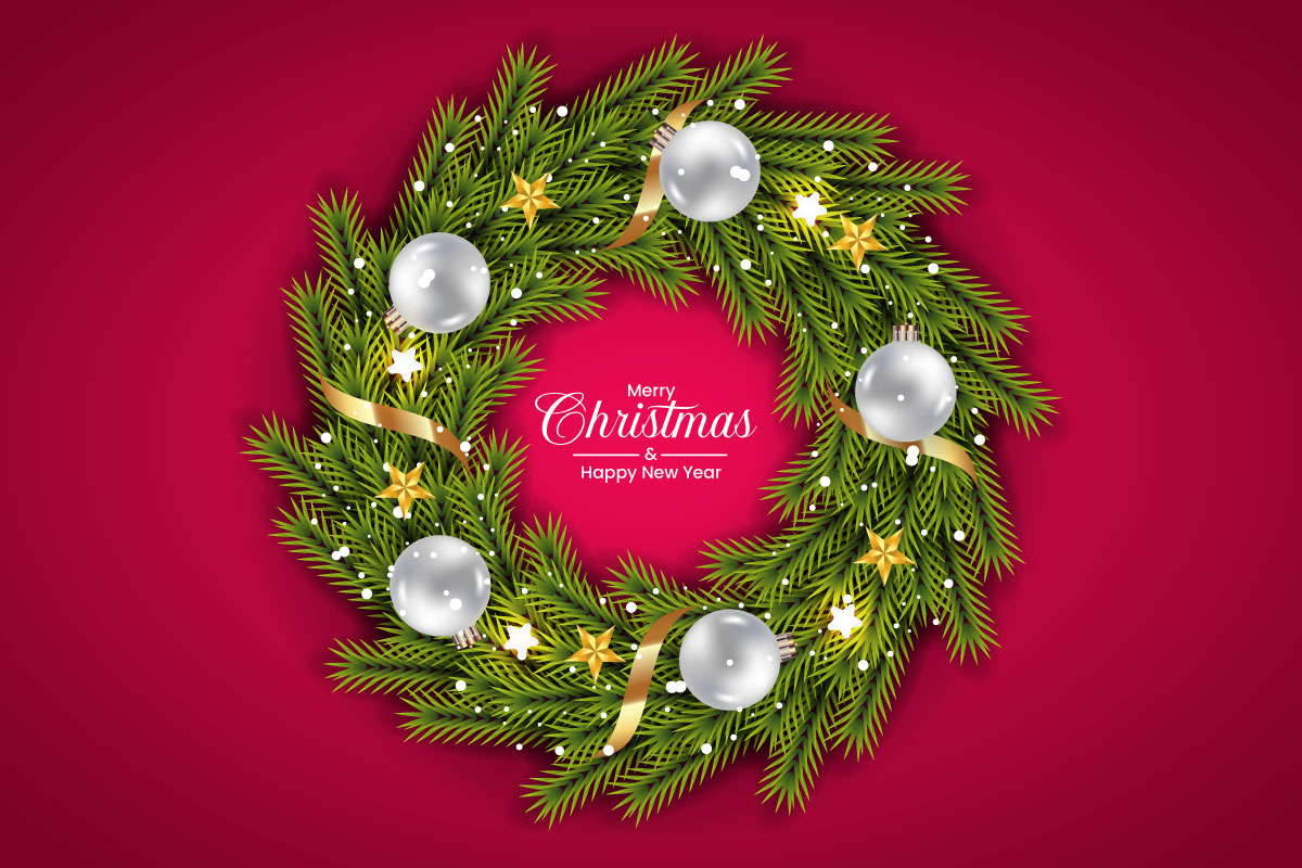 Christmas wreath decoration . wreath vector with pine leaves christmas balls and a golden ribbons