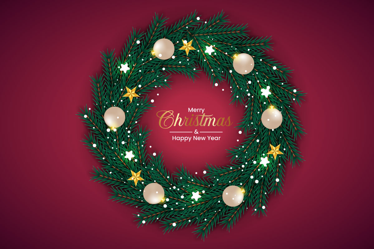 Christmas wreath decoration with pine leaves, christmas balls and a golden ribbon idea