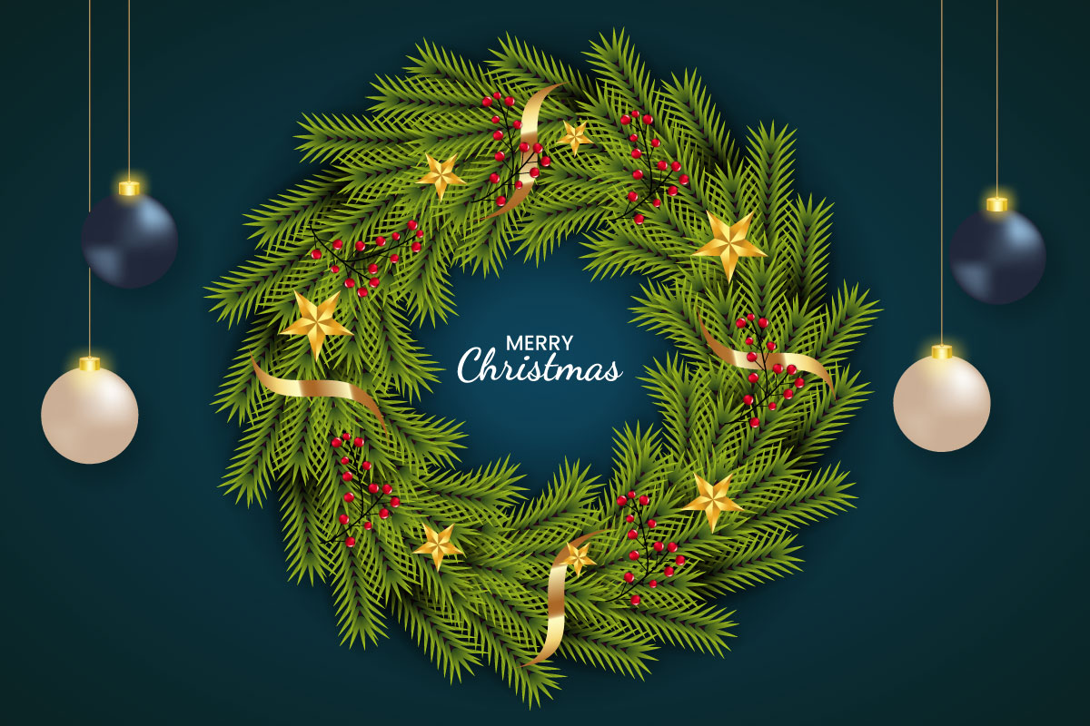 Christmas wreath decoration . wreath vector with pine leaves, christmas balls and  golden ribbon