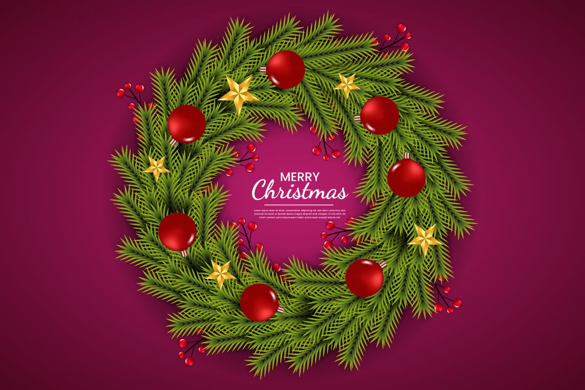 Christmas wreath decoration wreath vector with pine leaves, christmas balls and a golden ribbons