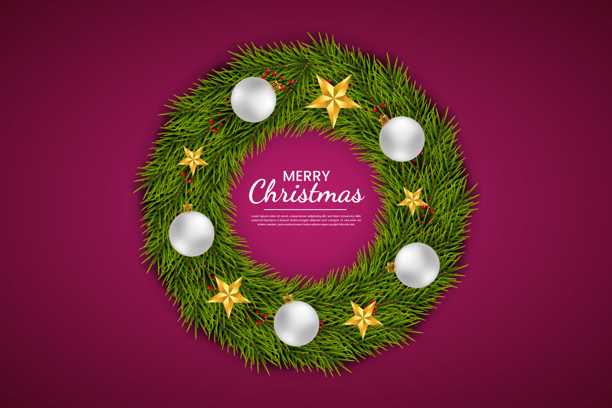 Christmas wreath . wreath vector with pine leaves, christmas balls and a golden ribbon