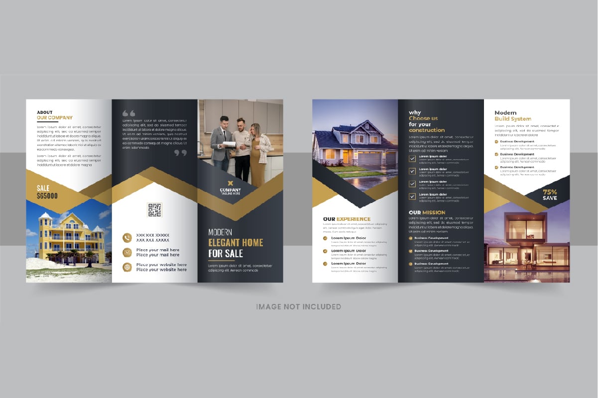 Modern real estate, construction, home selling business trifold brochure design layout