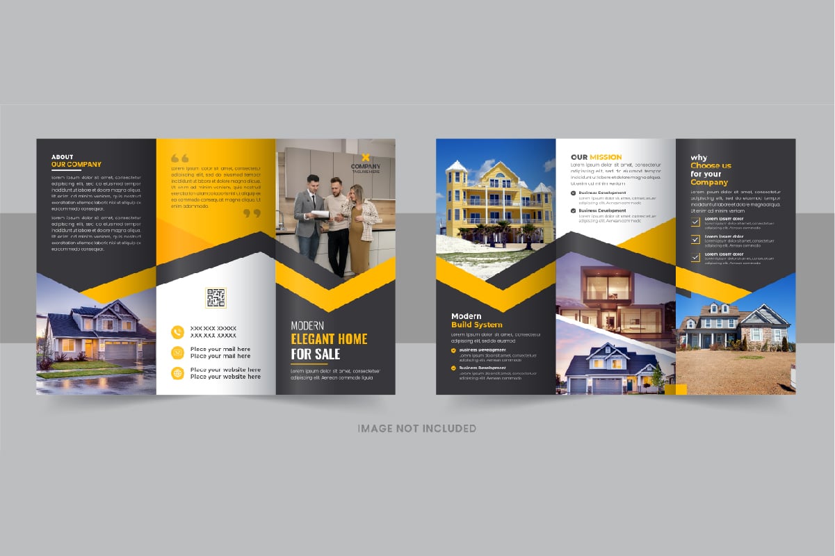 Modern real estate, construction, home selling business trifold brochure template vector layout