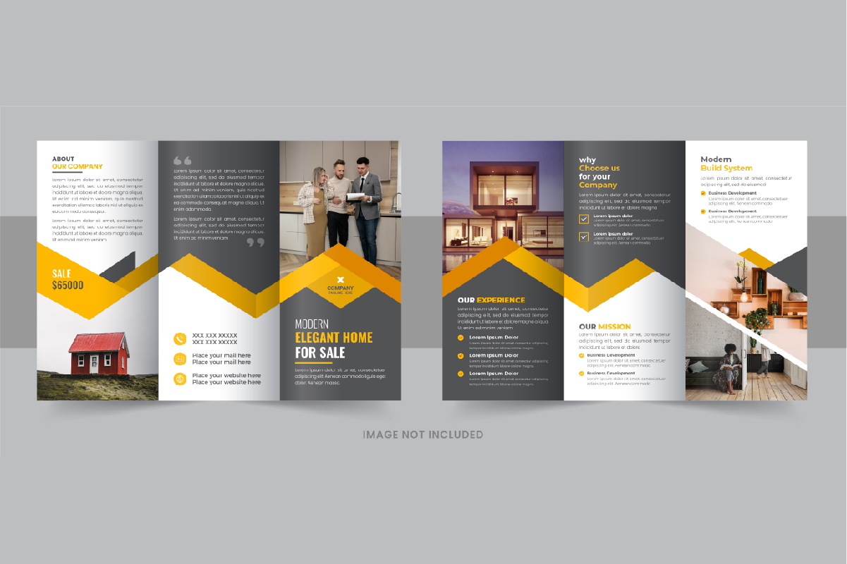 Modern real estate, construction, home selling business trifold brochure design vector layout