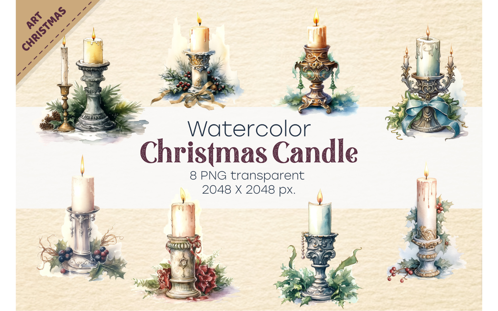 Watercolor Christmas candles. PNG, Clipart.