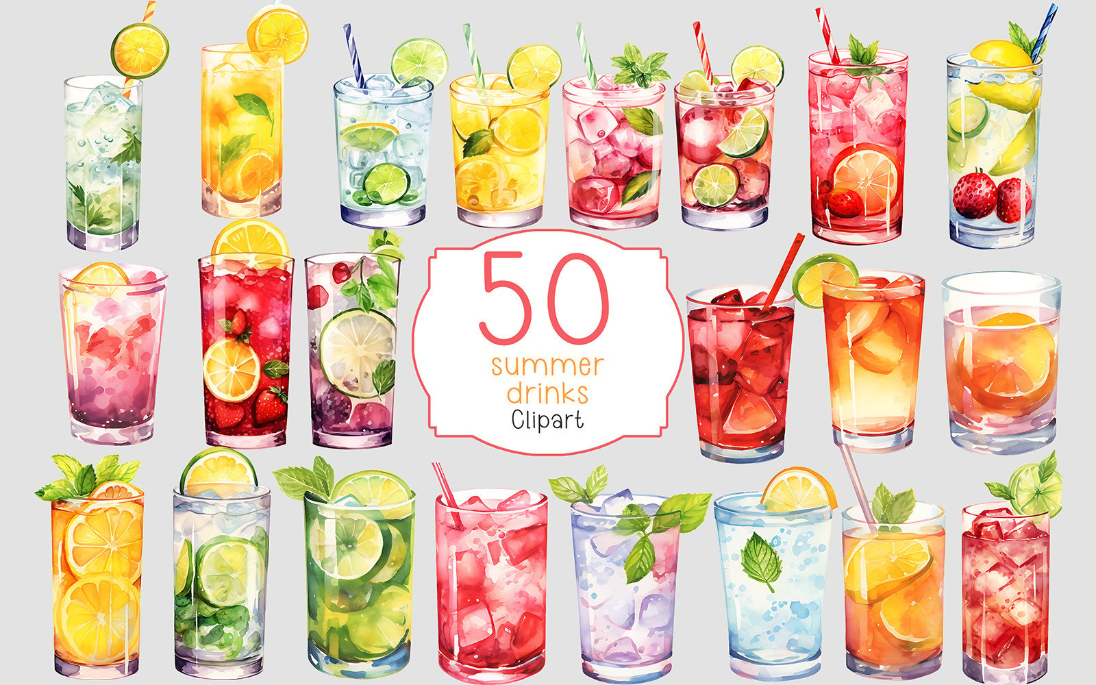 Watercolor summer drinks clipart set on transparent background