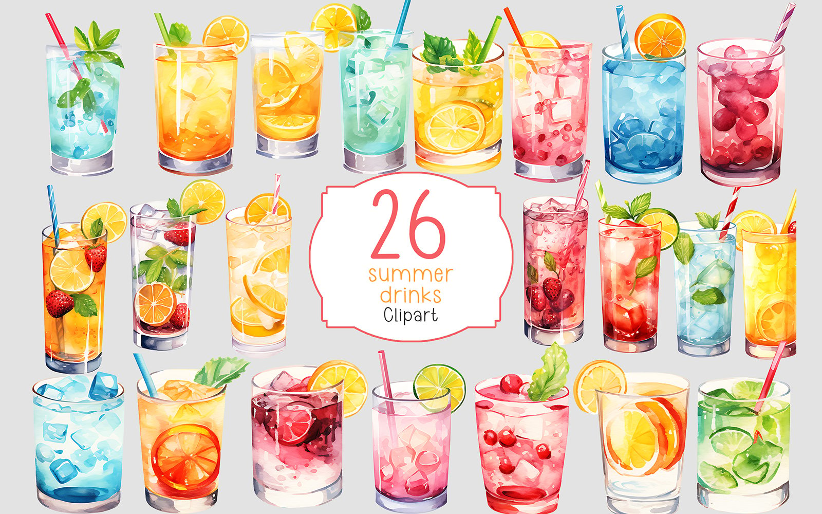 Watercolor summer drinks clipart set