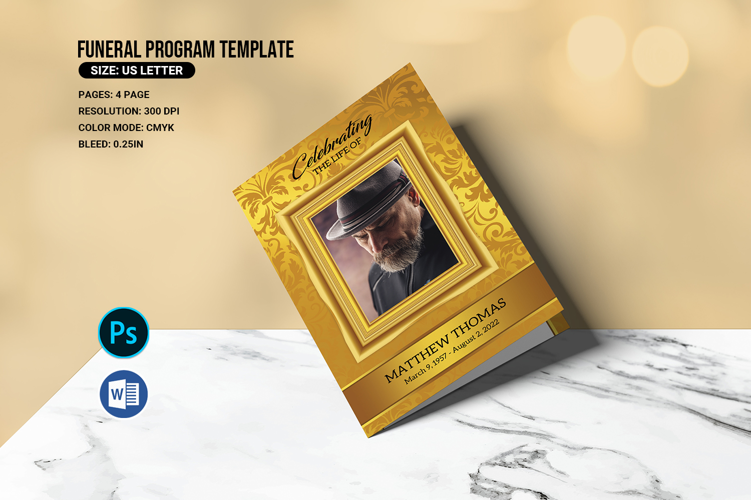 Golden Funeral Program Template