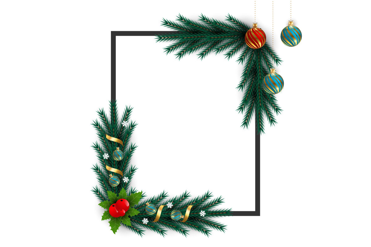 Merry christmas photo frame and christmas frame  with pine branch and  ball