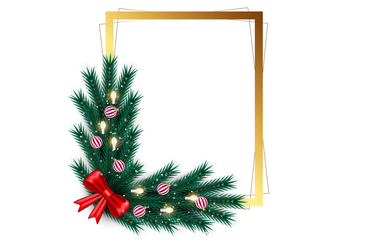 Merry christmas photo frame and christmas frame  with pine branch christmas ball and star concept