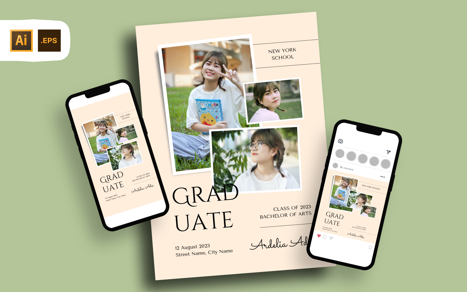 Beige Triple Photo Graduation Party Invitation - Flyer Template