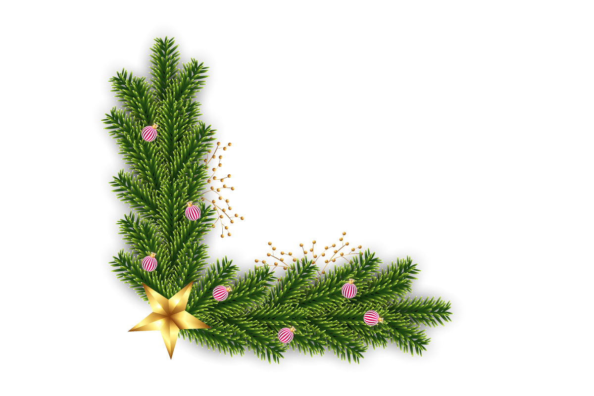 Vector Christmas photo frame and christmas garland corner  with pine branch christmas ball and star
