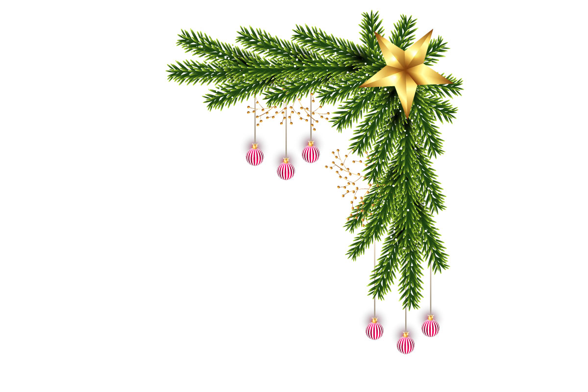 Christmas photo frame and christmas garland corner  with pine branch christmas ball and stars