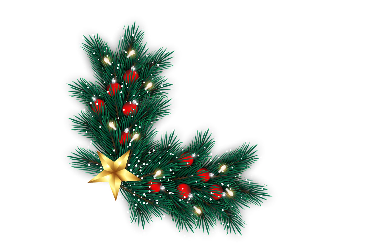 Christmas photo frame and christmas garland corner  with pine branch and  christmas ball
