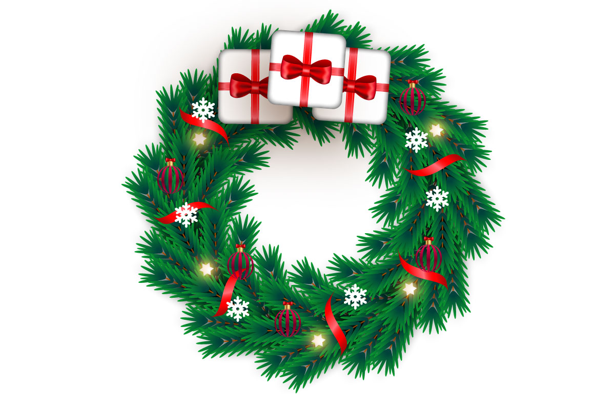 Christmas wreath decoration . wreath vector with pine leaves, christmas balls and and ribbon