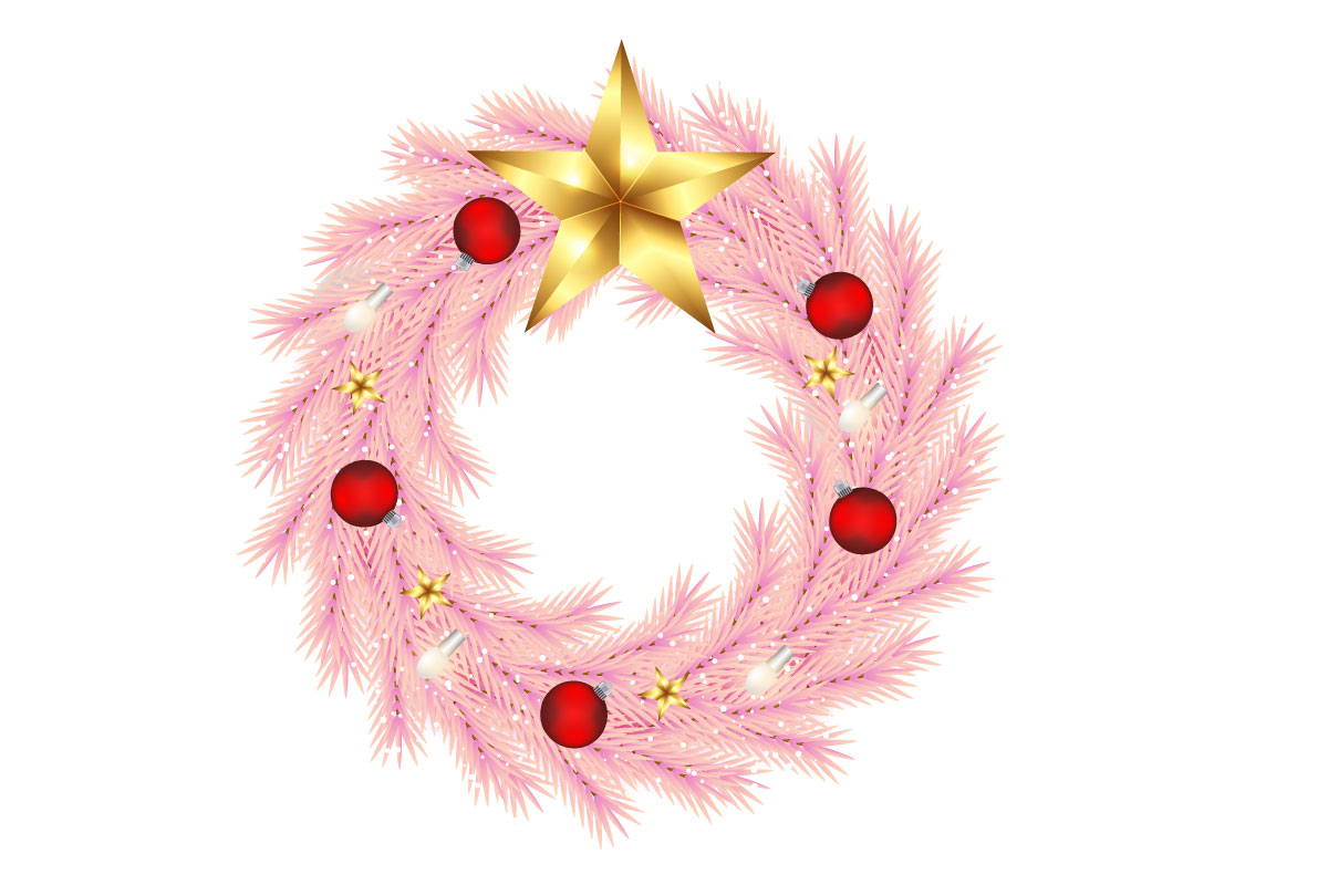 Christmas wreath vector with pine leaves, christmas balls and a golden ribbon