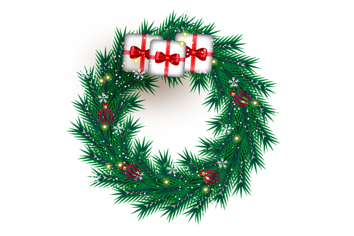 Christmas wreath decoration . wreath vector with pine leaves, christmas balls and ribbon