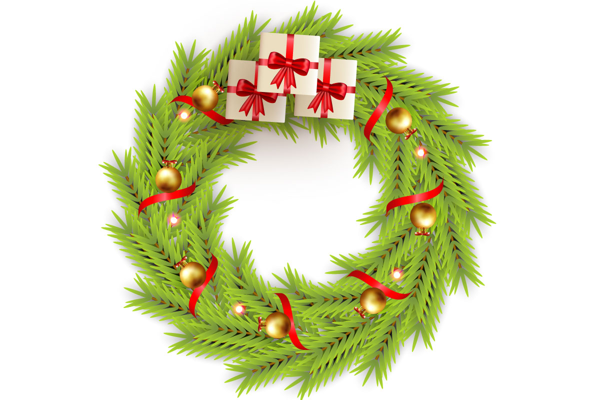 Christmas wreath decoration . wreath vector with pine leaves, christmas balls design