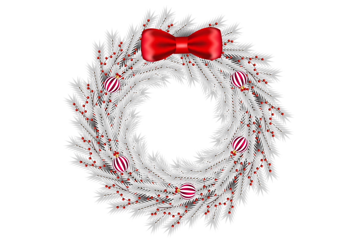 Christmas wreath decoration . wreath vector with pine leaves, christmas balls and red ribbon