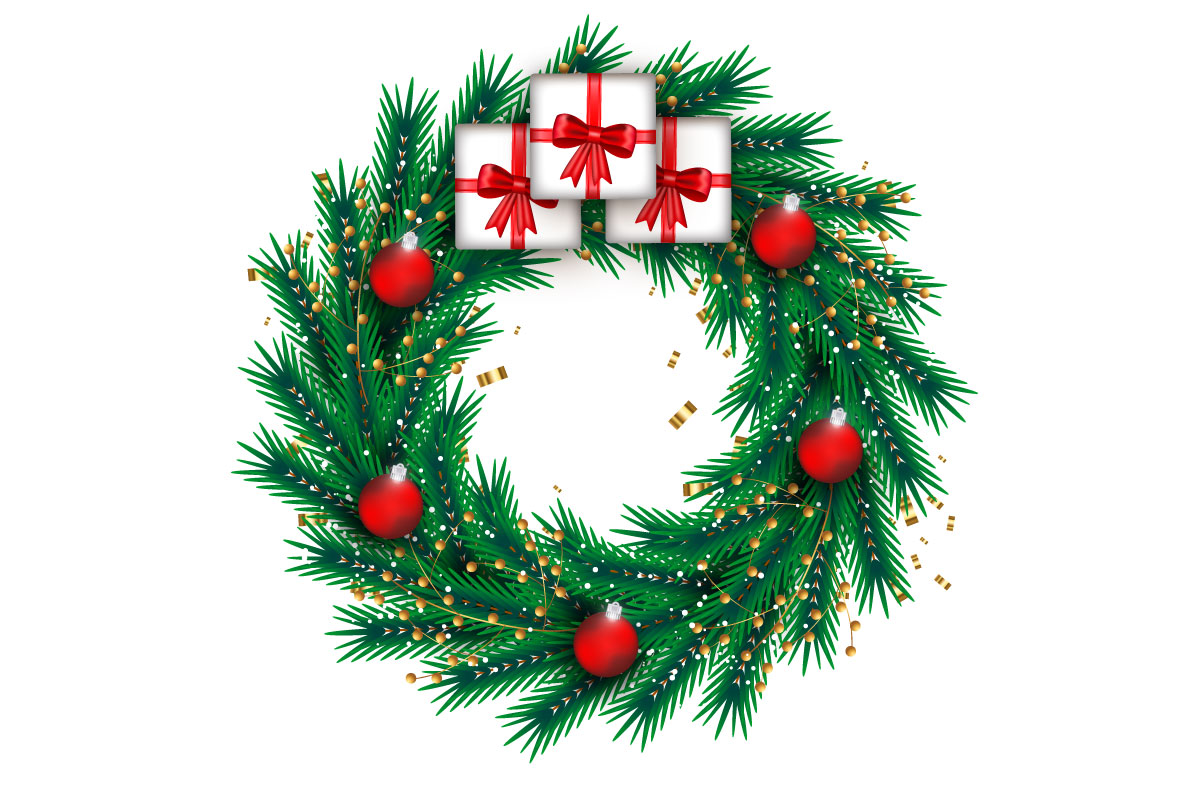 Christmas wreath decoration . wreath  with pine leaves, christmas balls and a golden ribbon