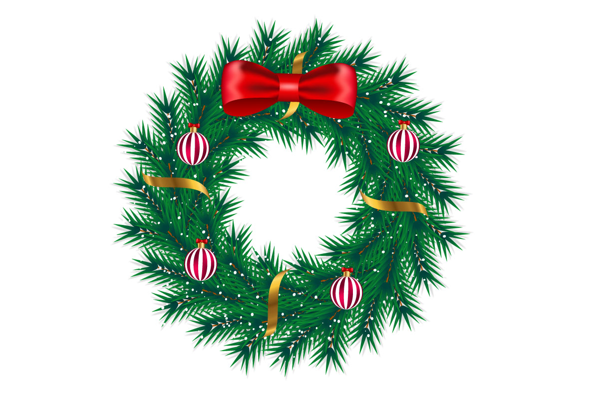 Christmas wreath decoration and wreath vector with pine leaves, christmas balls and golden ribbon