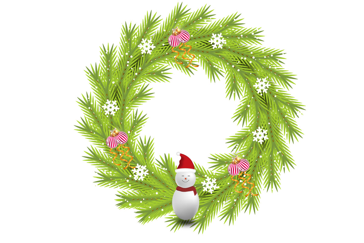 Merry Christmas wreath decoration . wreath vector with pine leaves, christmas balls ribbon