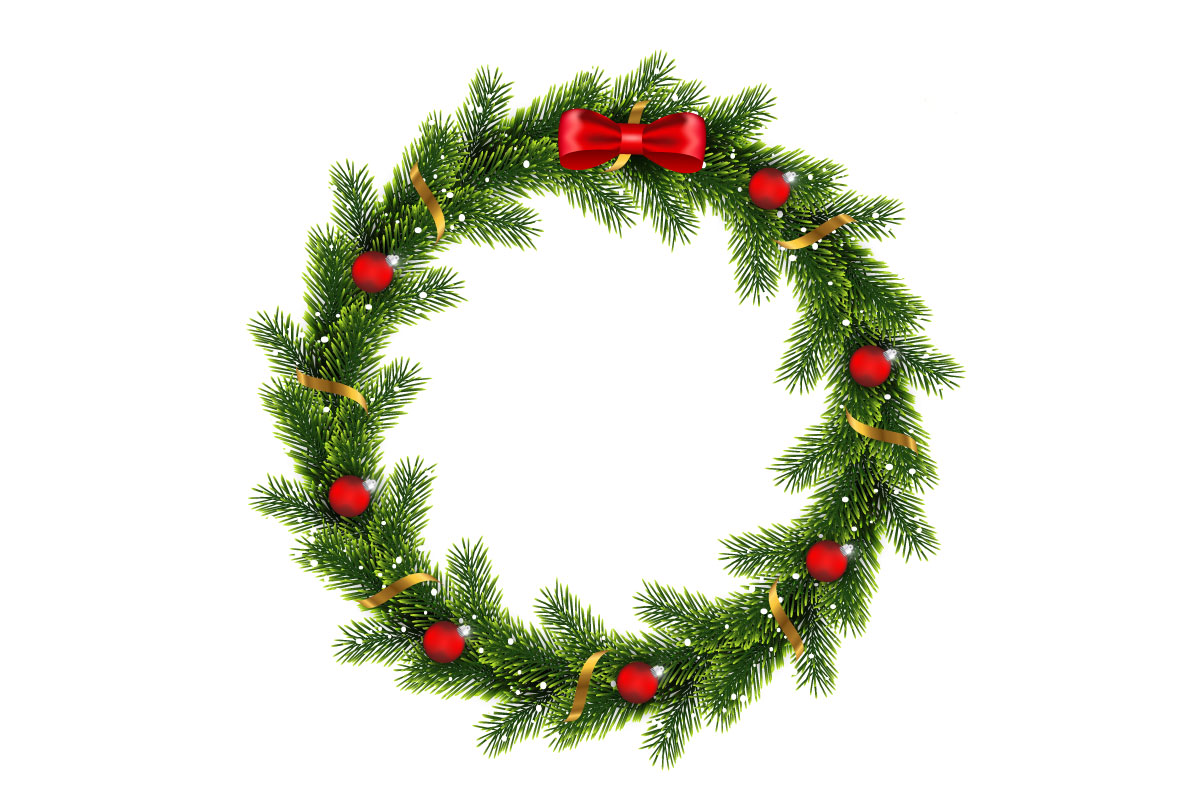 Wreath with red christmas balls, bow and golden stars isolated on white background