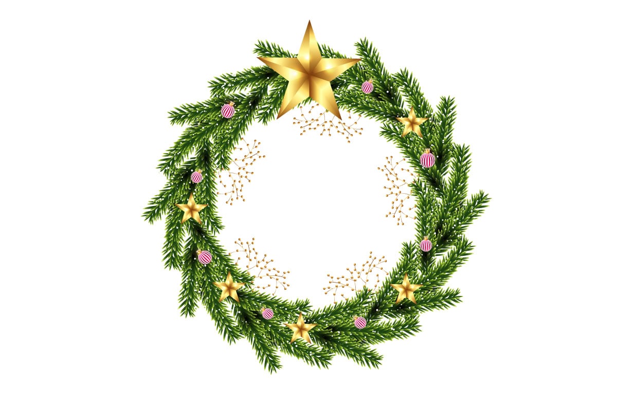 Christmas wreath with red christmas balls, bow and golden stars isolated on white background