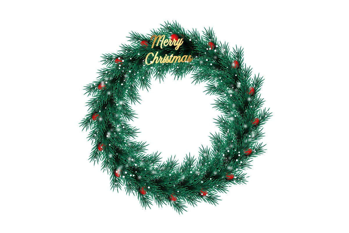 Chriatmas wreath with red christmas balls, bow and golden stars isolated on white background