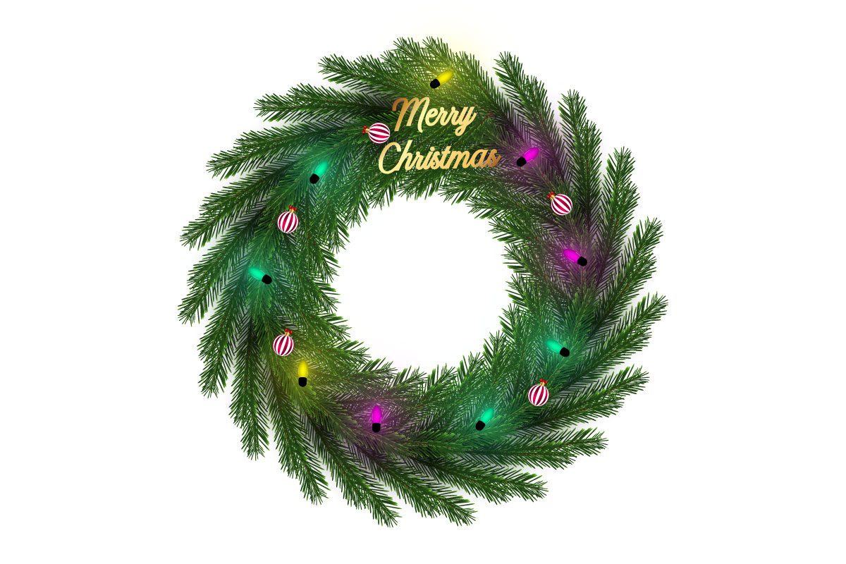 Christmas Wreath with christmas balls,  golden stars isolated on white background