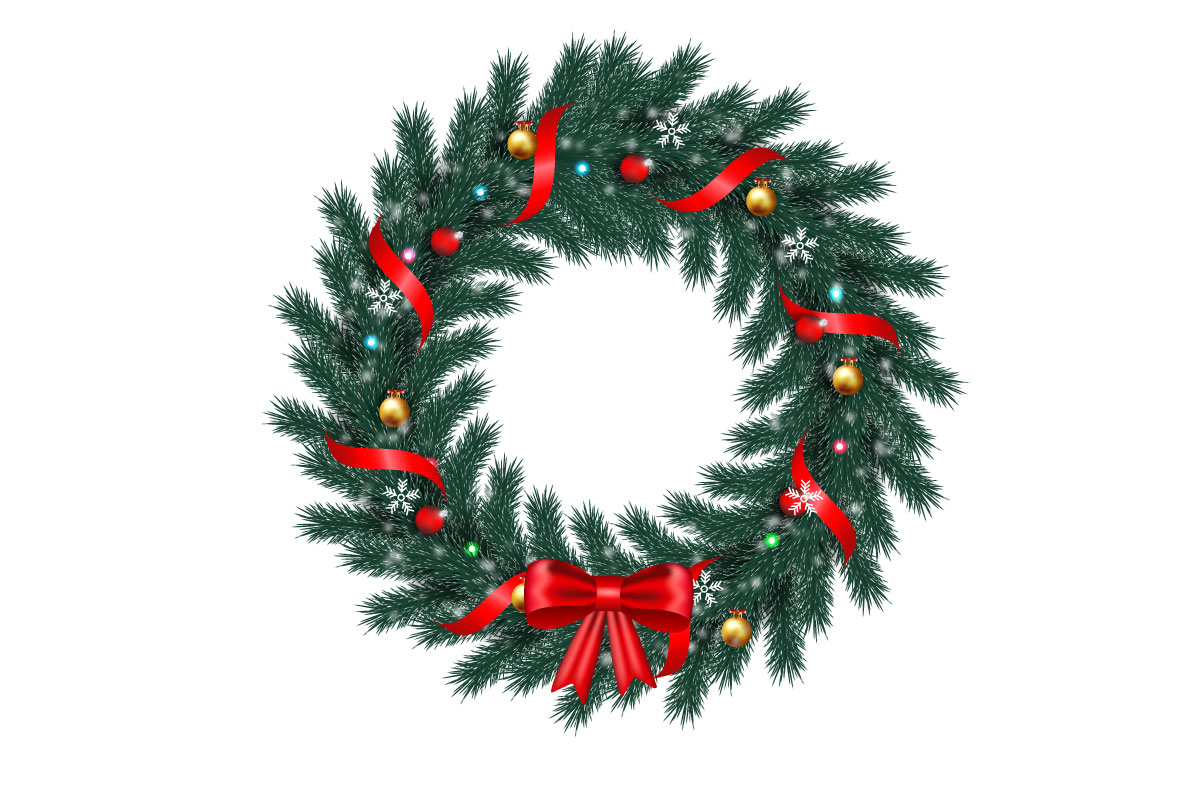 Christmas  wreath with red christmas balls,  golden stars isolated on white background