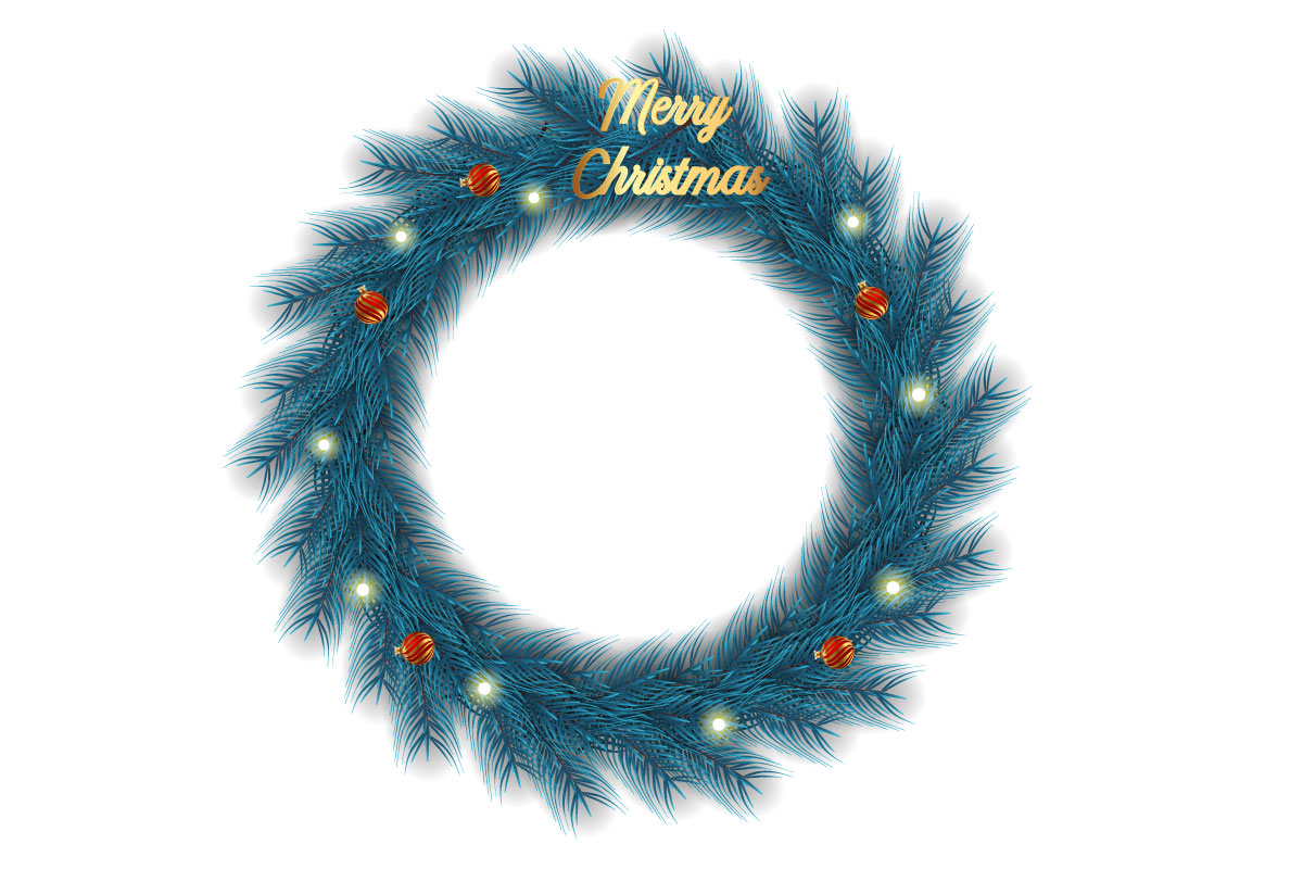 Christmas wreath with red christmas balls, bow and golden stars isolated on white background concept