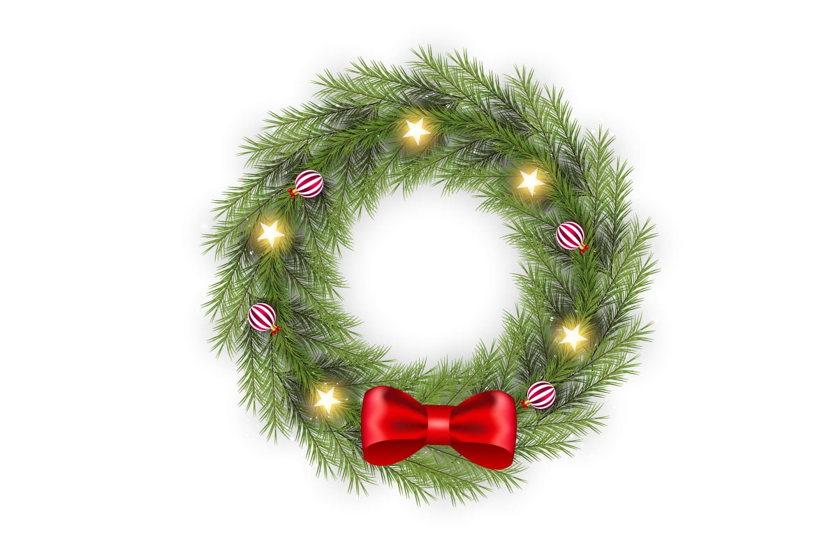 Vector realistic christmas wreath with pine leaves, christmas balls and  ribbon