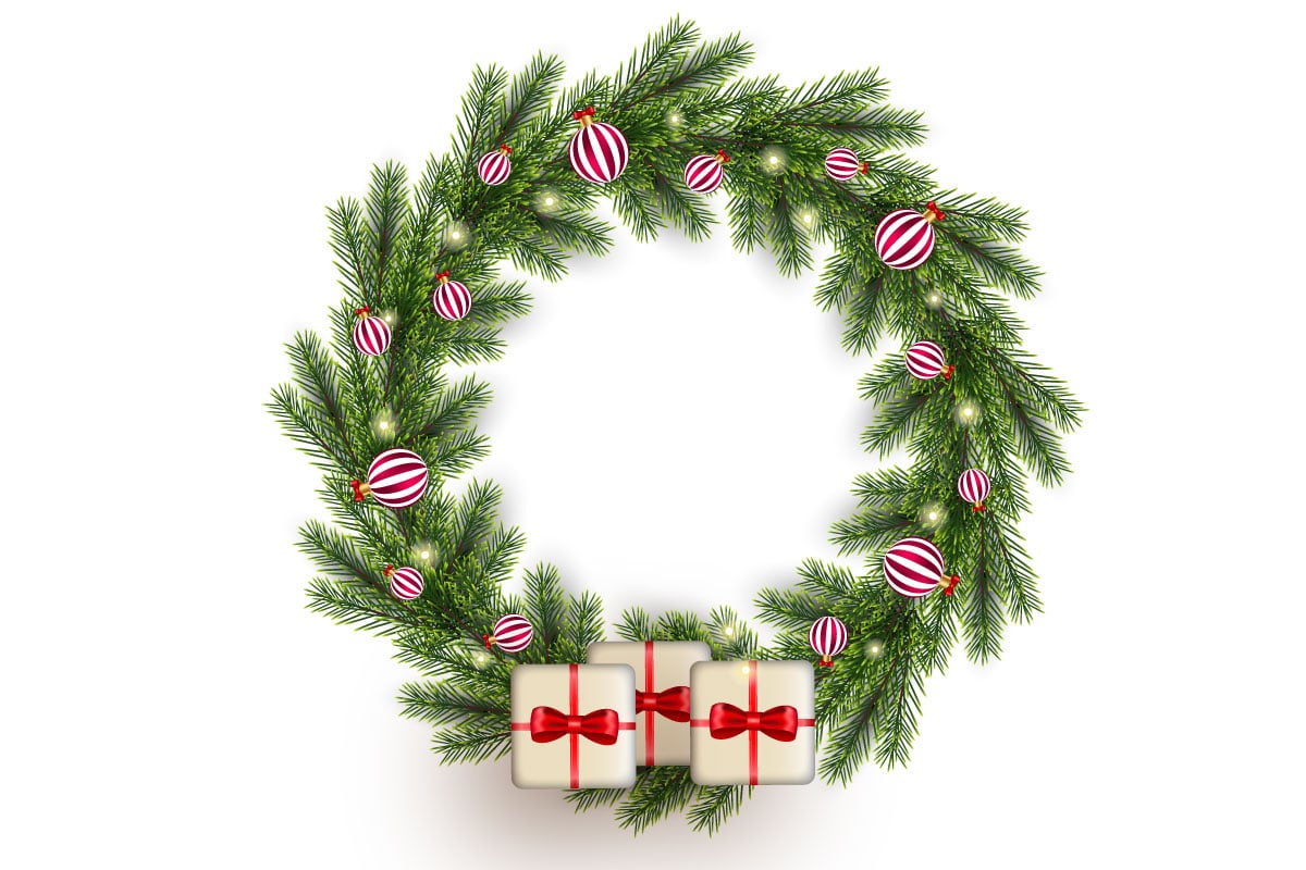 Christmas wreath with pine leaves, christmas balls  christmas wreath white background