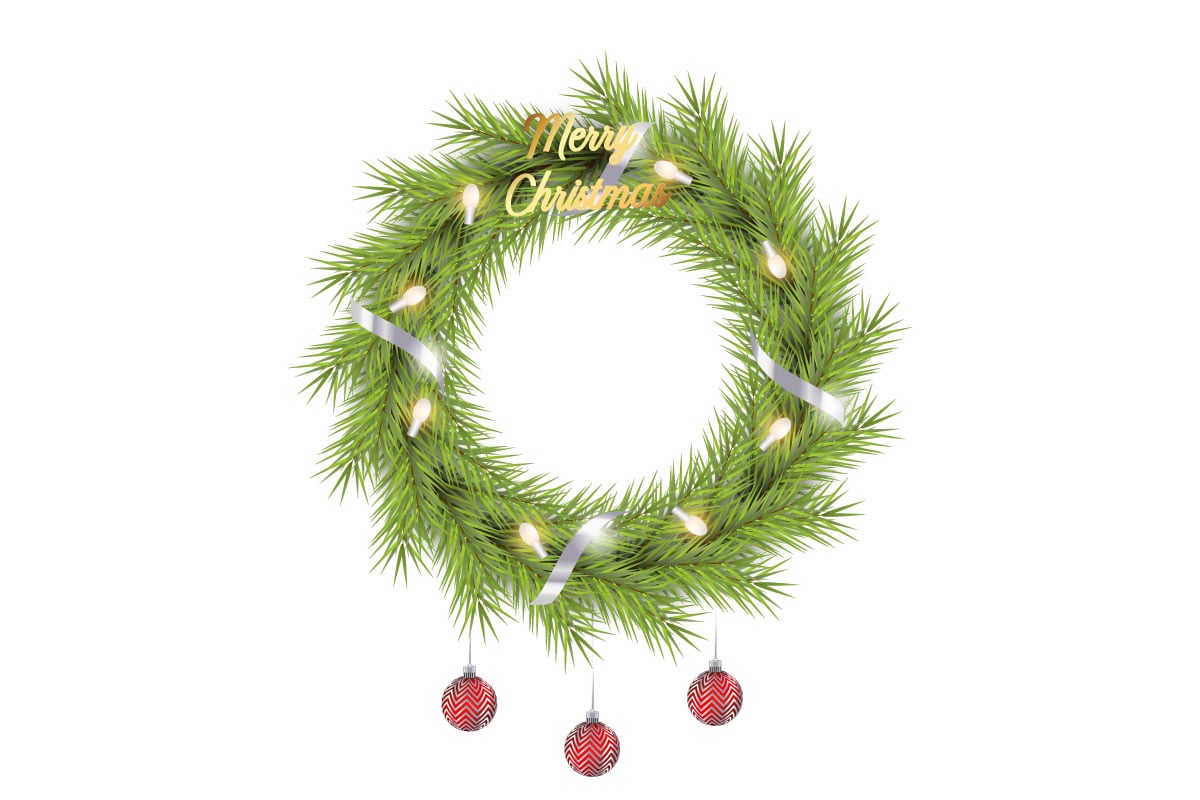 Vector realistic christmas wreath with pine leaves, christmas balls and a golden ribbon style