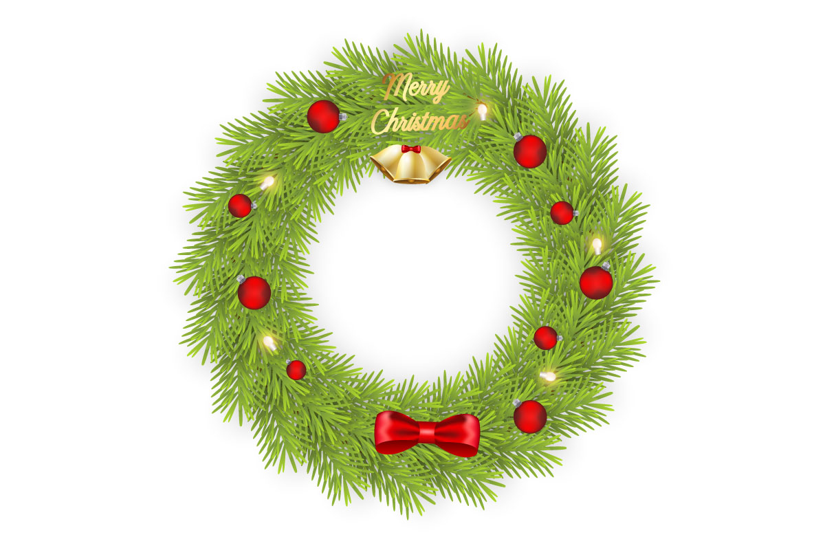 Christmas greeting card and background. Christmas wreath with  pine leaves, christmas balls