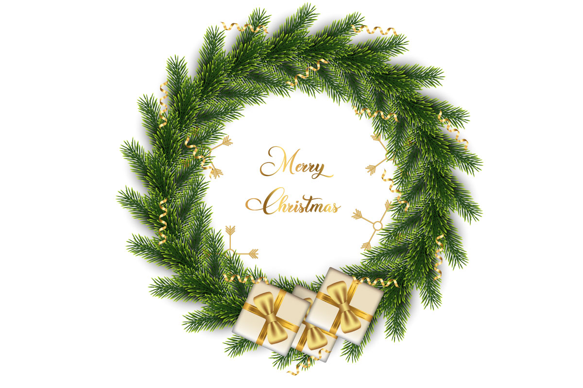 Merry Christmas greeting card and background. Christmas wreath with  pine leaves, christmas balls