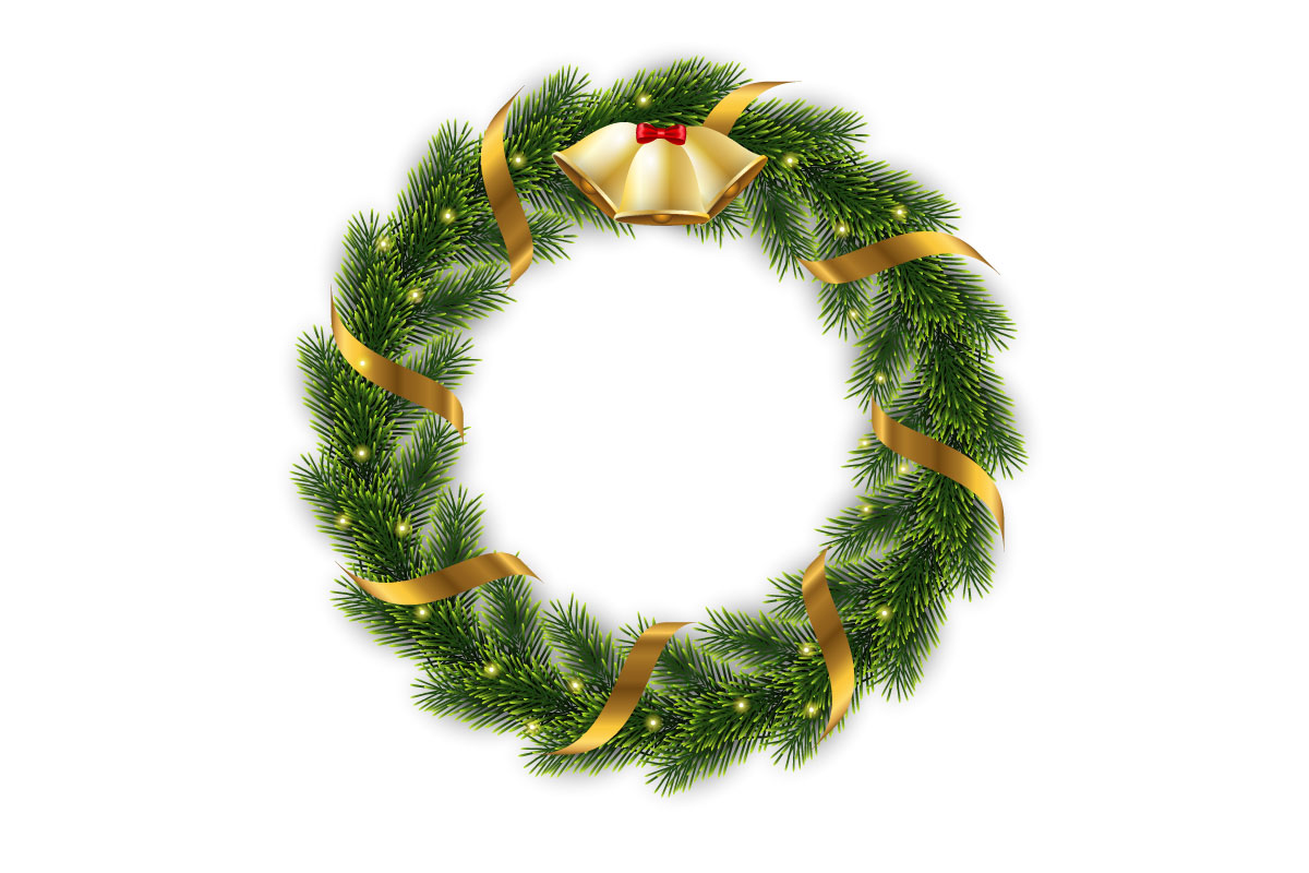 Christmas greeting card and background. Christmas wreath with  pine leaves, christmas ball