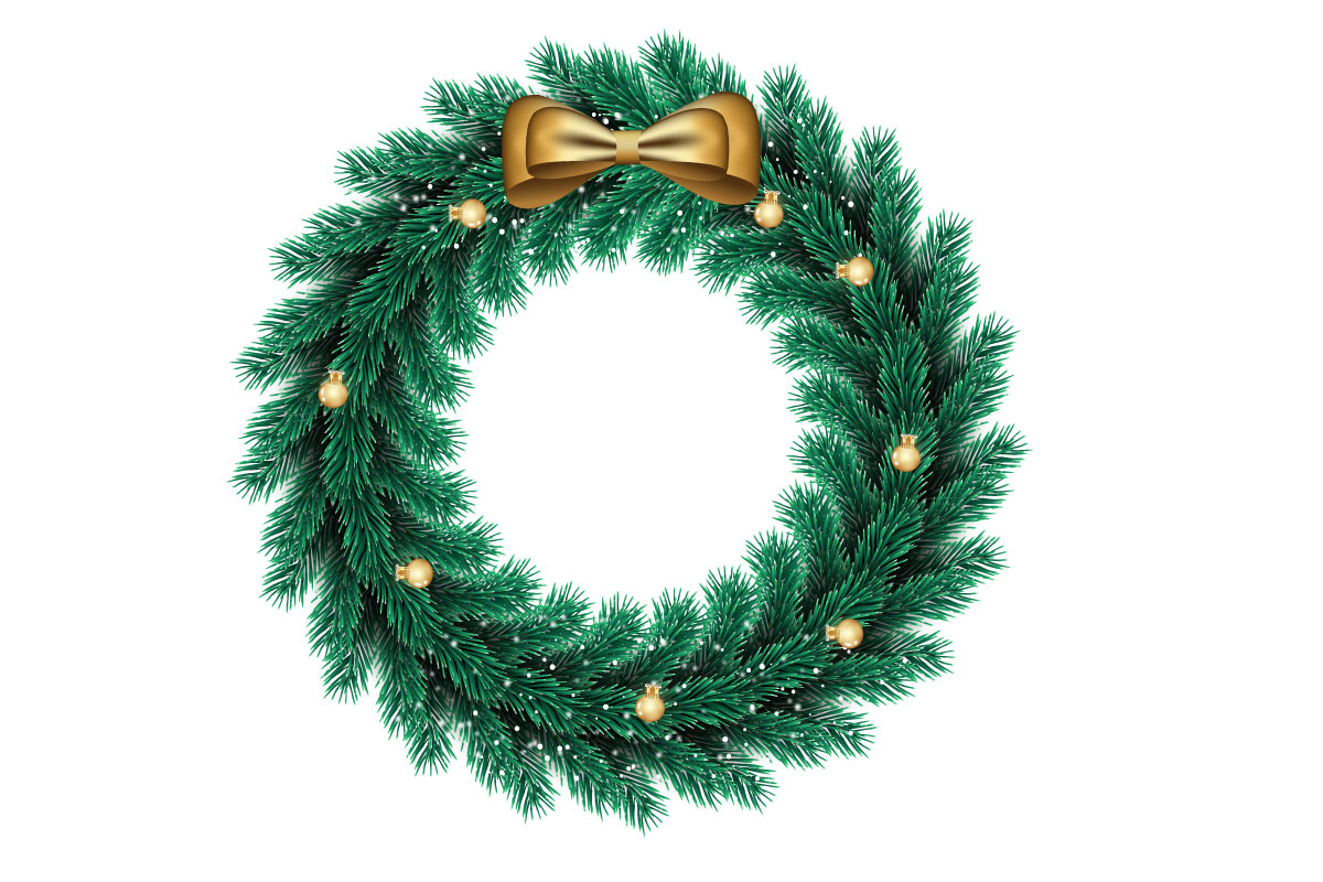 Christmas greeting card and background. Christmas wreath with  pine leaves,  balls